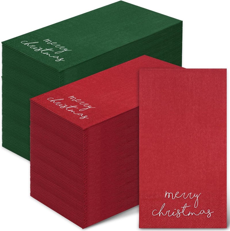 Whaline 200 Pcs Christmas Guest Napkins Red Green Merry Christmas Paper Napkins Disposable Xmas Guest Hand Napkin Towel for Winter Holiday Party Supplies Bathroom Table Decor - Image 1